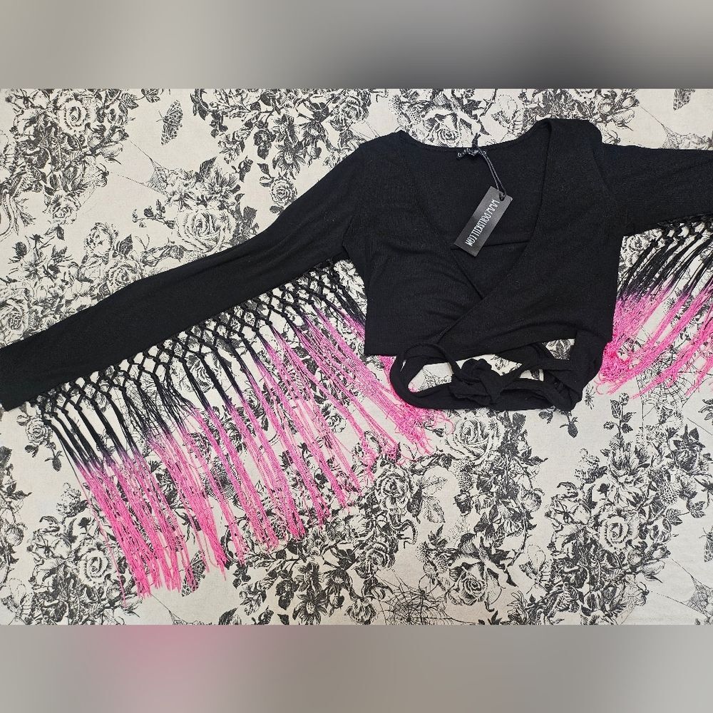 Dolls Kill Current Mood Whirlwind Romancer Fringe Wrap Top Black and Pink Ombre